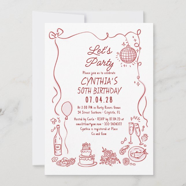 Invitación Hand Drawn Doodles Whimsical Quirky Adult Birthday (Anverso)