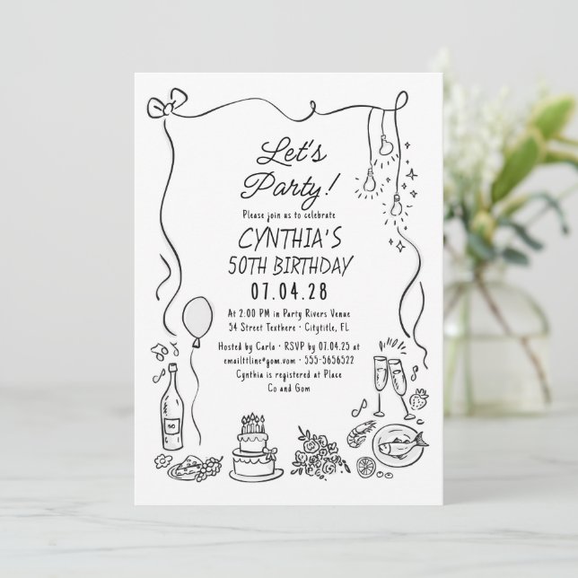 Invitación Hand Drawn Doodles Whimsical Quirky Adult Birthday (Anverso de pie)