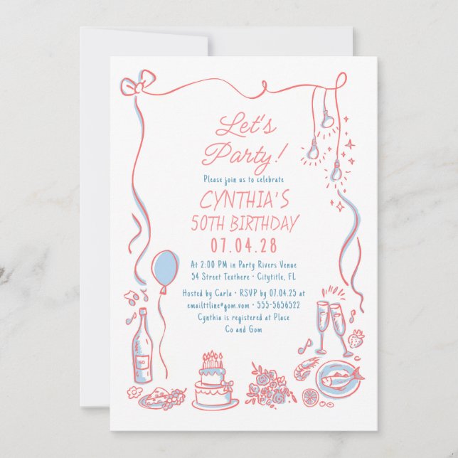 Invitación Hand Drawn Doodles Whimsical Quirky Adult Birthday (Anverso)