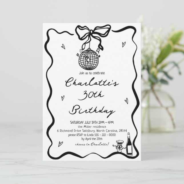 Invitación Hand Drawn Elegant disco bola 30 cumpleaños (Anverso de pie)