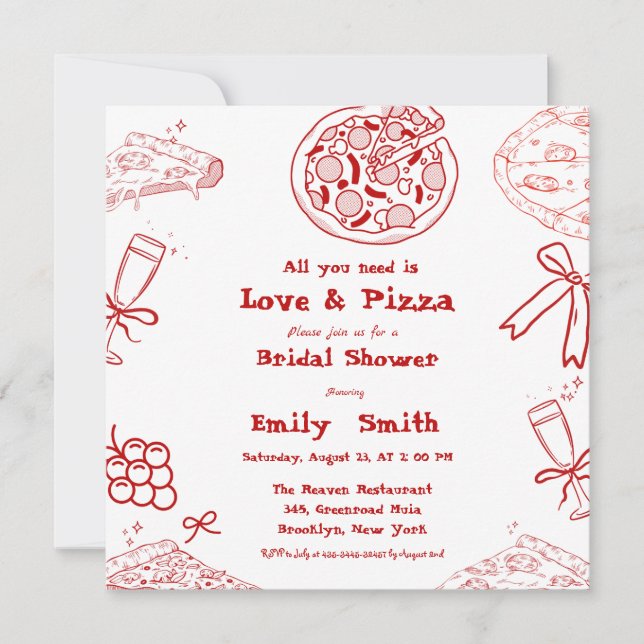 Invitación Hand Drawn es Love & Pizza Bridal Shower (Anverso)