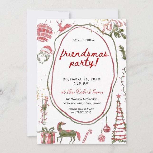 Invitación Hand drawn Friendsmas Whimsical Doodle Christmas  (Anverso)