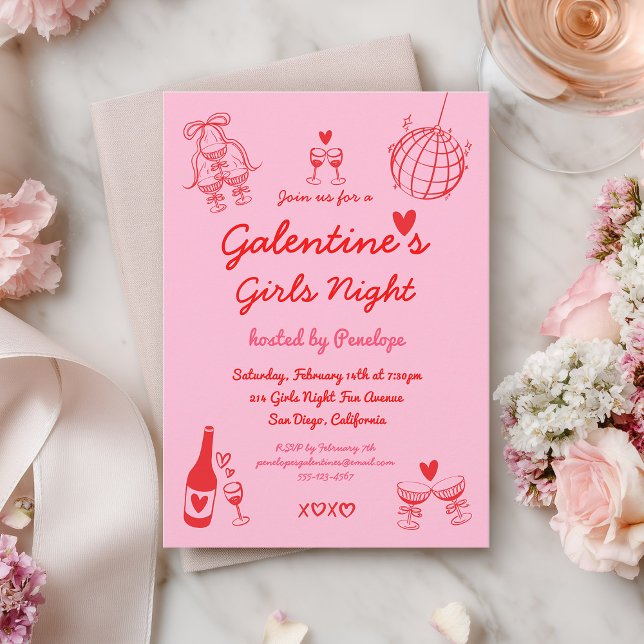 Invitación Hand Drawn Galentine's Girls Night Party (Subido por el creador)