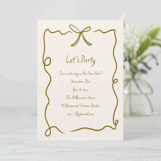 Invitación Hand Drawn Gold Bow Ribbon Border New Years Party (Anverso de pie)