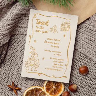 Invitación Hand Drawn Gold Illustrated New Years Eve Party