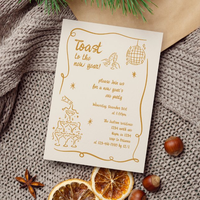 Invitación Hand Drawn Gold Illustrated New Years Eve Party (Subido por el creador)