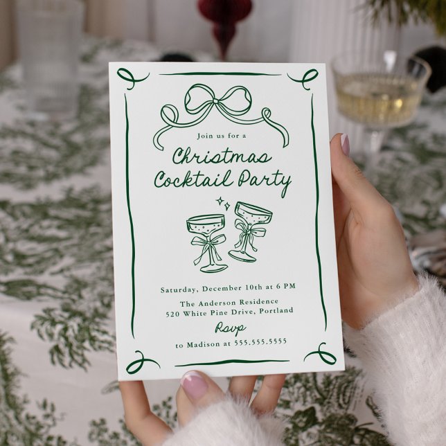 Invitación Hand-Drawn Green Bow Christmas Cocktail Party (Subido por el creador)
