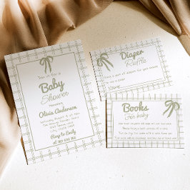 Invitación Hand Drawn Green Bow Gingham Neutral Baby Shower