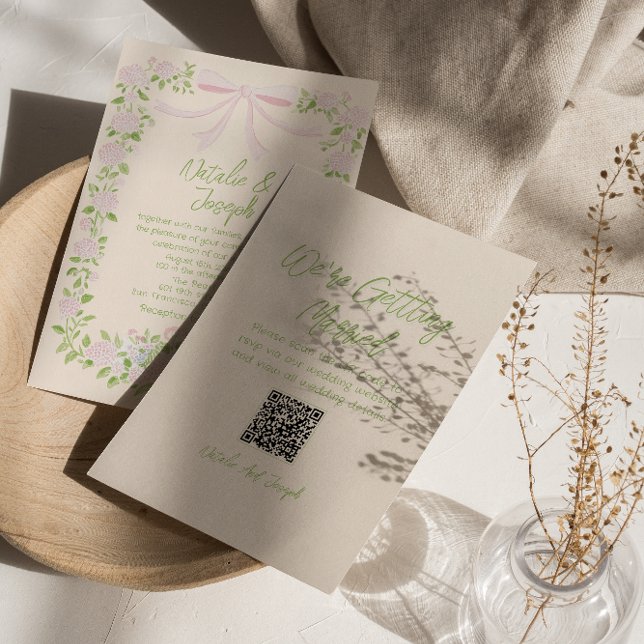 Invitación Hand Drawn Green Pink Bow Floral QR Code Wedding (Subido por el creador)