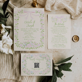 Invitación Hand Drawn Green Pink Bow Floral Summer Wedding