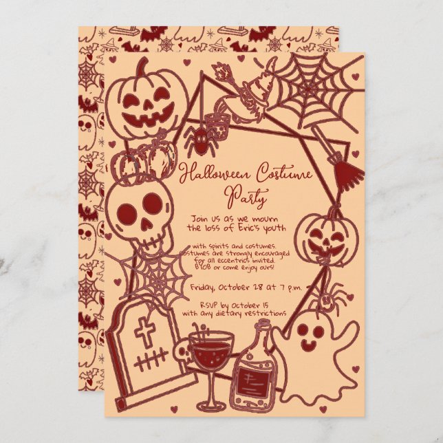 Invitación Hand Drawn Halloween Costume Birthday Party  (Anverso / Reverso)