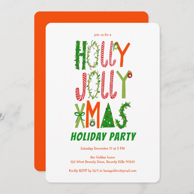 Invitación Hand Drawn Holly Jolly Navidades PERSONALIZADO (Anverso / Reverso)
