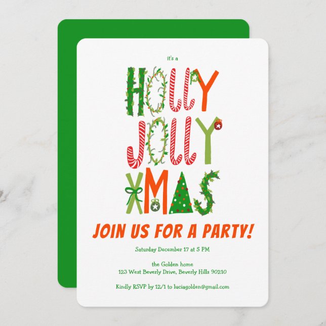 Invitación Hand Drawn Holly Jolly Navidades PERSONALIZADO (Anverso / Reverso)