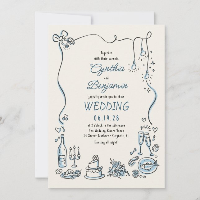 Invitación Hand Drawn Illustrations Doodles Whimsical Wedding (Anverso)