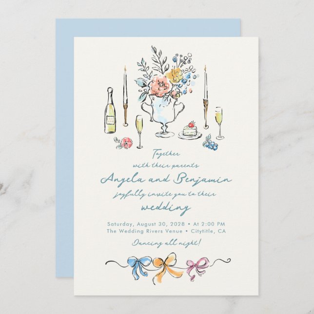 Invitación Hand Drawn Illustrations Whimsical French Wedding (Anverso / Reverso)