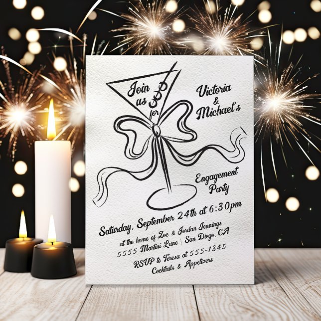 Invitación Hand Drawn Martini Bow Funky Engagement Party (Subido por el creador)