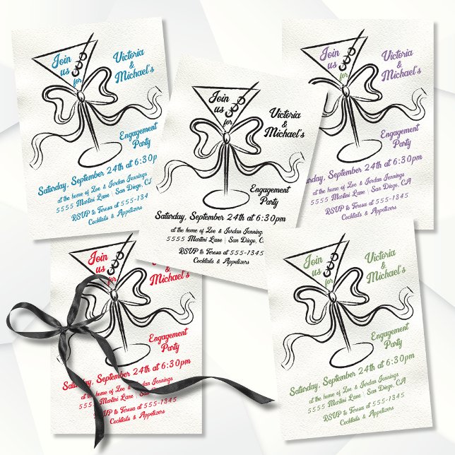 Invitación Hand Drawn Martini Bow Funky Engagement Party (Subido por el creador)