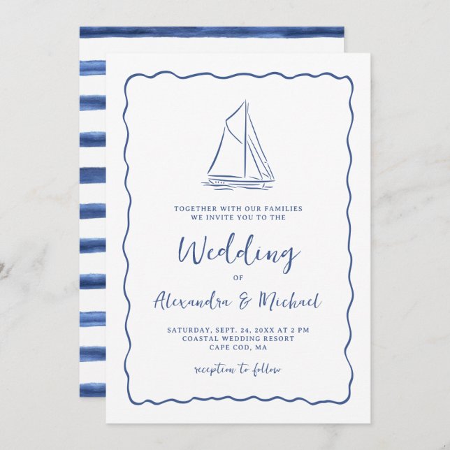 Invitación Hand Drawn Nautical Sailboat Navy Blue Wedding (Anverso / Reverso)