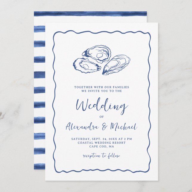 Invitación Hand Drawn Oysters Coastal Navy Blue Wedding (Anverso / Reverso)