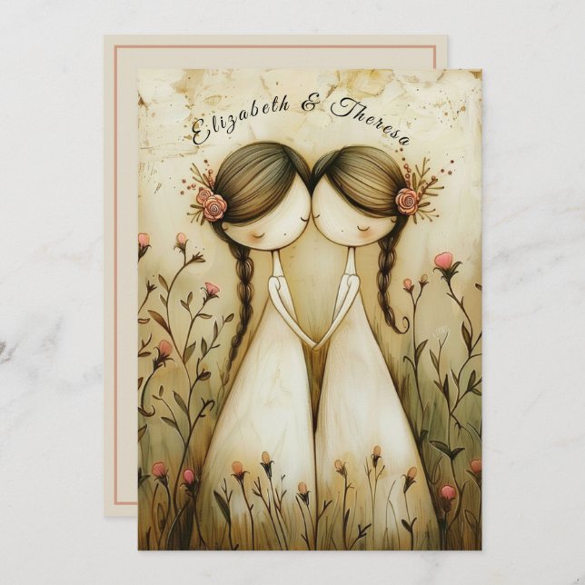 Invitación Hand Drawn Pencil Illustration Two Brides Wedding (Anverso / Reverso)