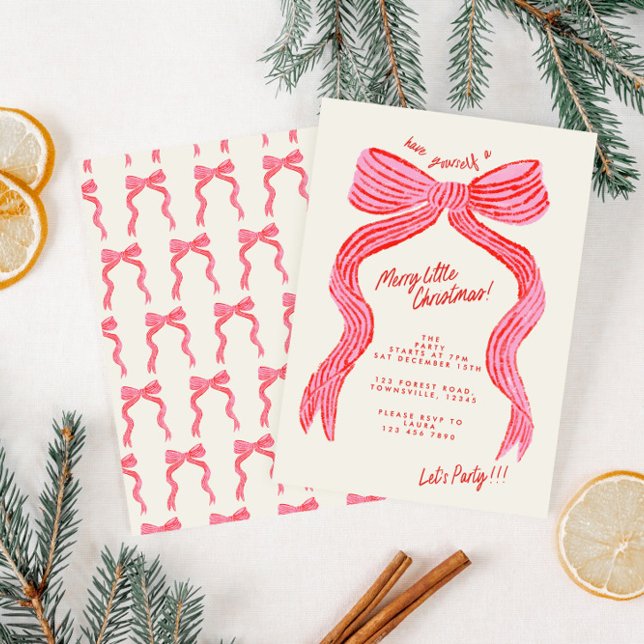Invitación Hand Drawn Pink and Red Bow Christmas Party (Subido por el creador)