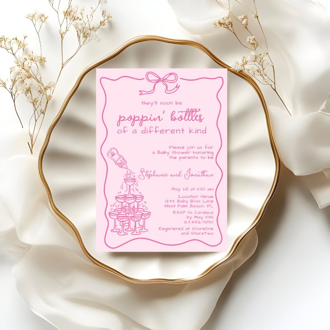 Invitación Hand Drawn Pink Bottle Champagne Tower Baby Shower (Subido por el creador)