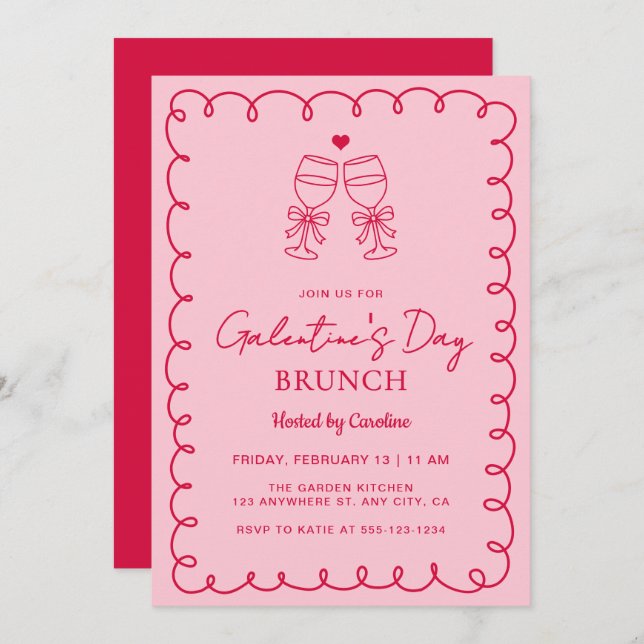 Invitación Hand Drawn Pink Red Galentine's Day Brunch (Anverso / Reverso)
