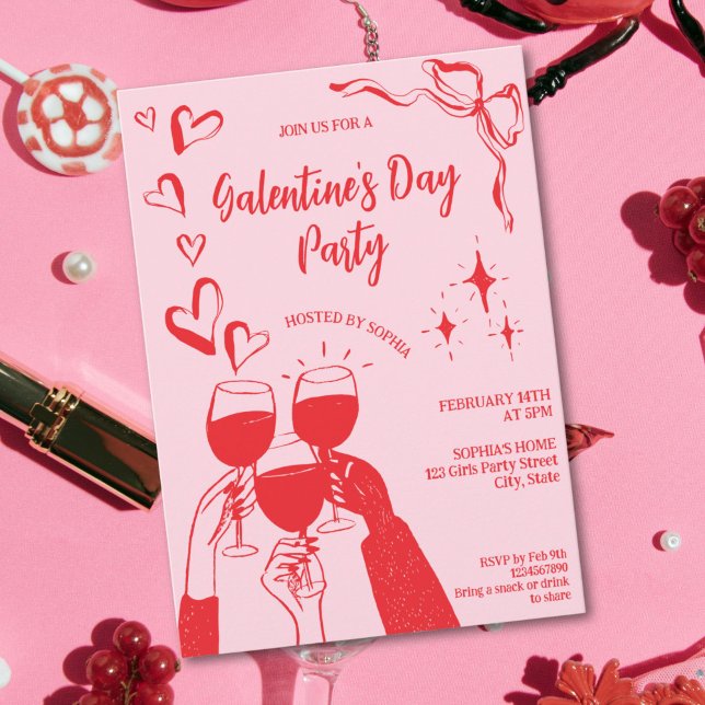 Invitación Hand Drawn Pink Red Galentine's Day Cocktail Party (Cocktail party galentine's day )
