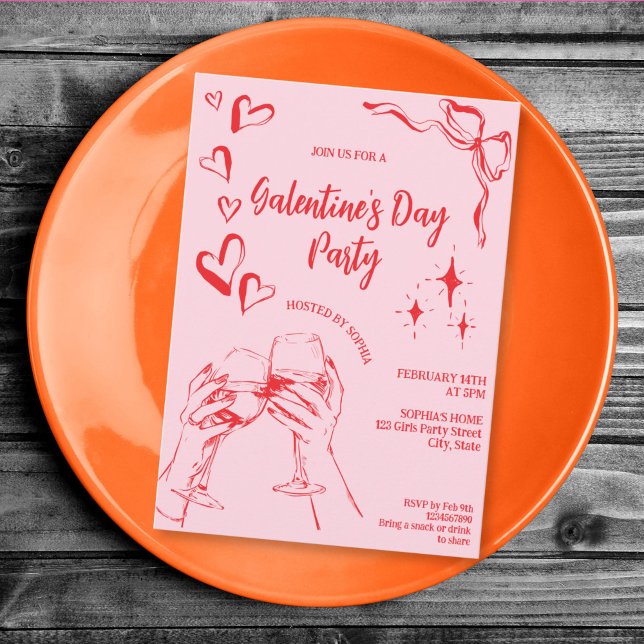 Invitación Hand Drawn Pink Red Galentine's Day Cocktail Party (hand drawn whimsical red and pink Galentine's party)