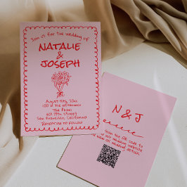 Invitación Hand Drawn Pink Red Retro QR Code Wedding