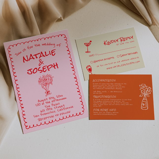 Invitación Hand Drawn Pink Red Retro Unique Quirky Wedding (Subido por el creador)
