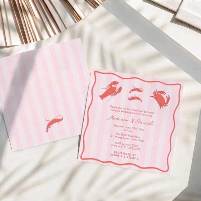 Invitación Hand-Drawn Pink Red Seafood Boil Couples Shower (Modern Pink Red Orange Hand-drawn seafood boil couples shower invitations with stripes + wavy border)