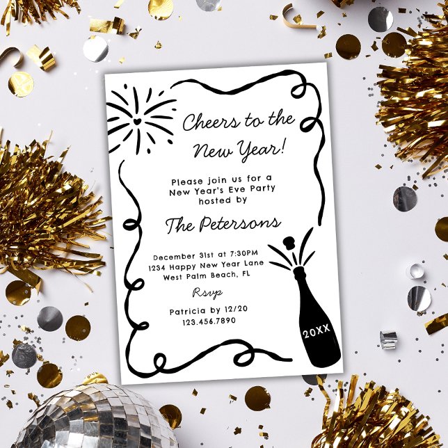 Invitación Hand Drawn Popping Champagne New Years Eve Party (Subido por el creador)