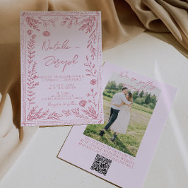 Invitación Hand Drawn QR Code Floral Garden Photo Wedding