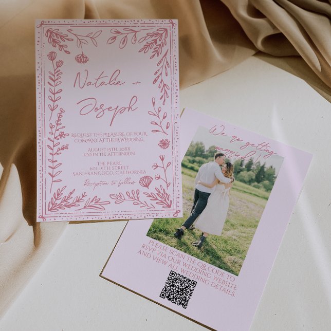 Invitación Hand Drawn QR Code Floral Garden Photo Wedding (Subido por el creador)