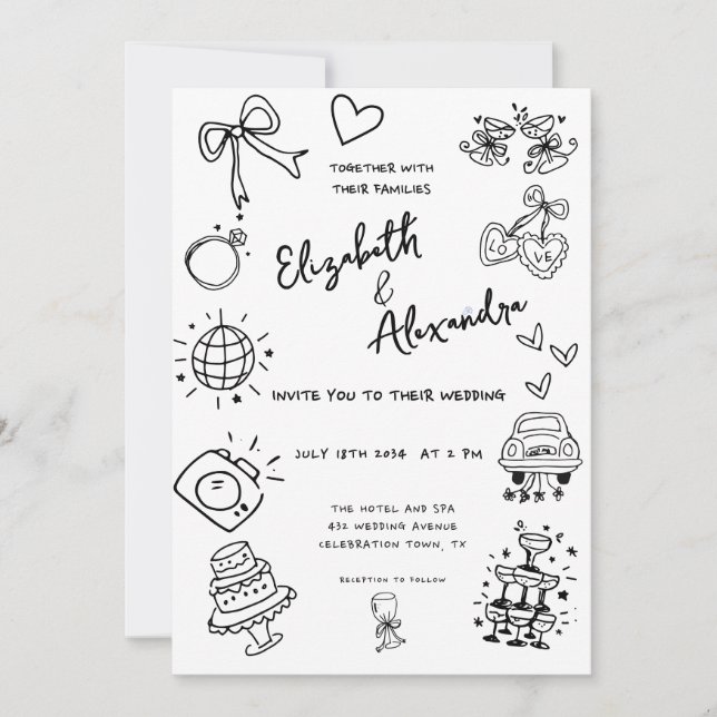 Invitación Hand Drawn Quirky Boda francés (Anverso)
