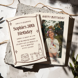 Invitación Hand Drawn Red & Cream 30TH Birthday Photo