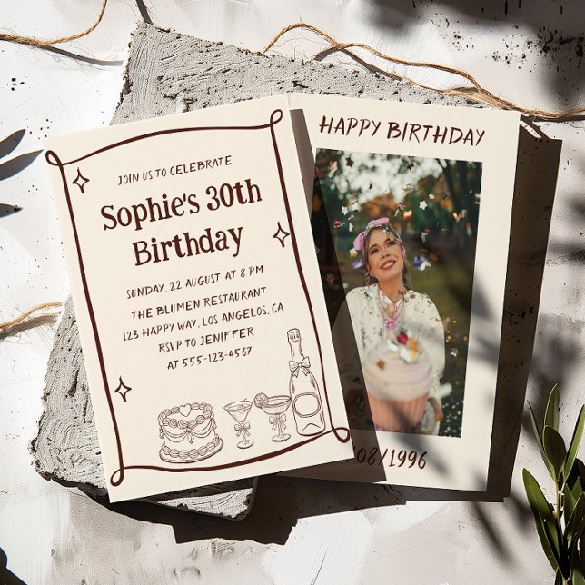 Invitación Hand Drawn Red & Cream 30TH Birthday Photo  (Subido por el creador)