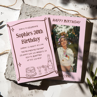 Invitación Hand Drawn Red & Pink 30TH Birthday Photo