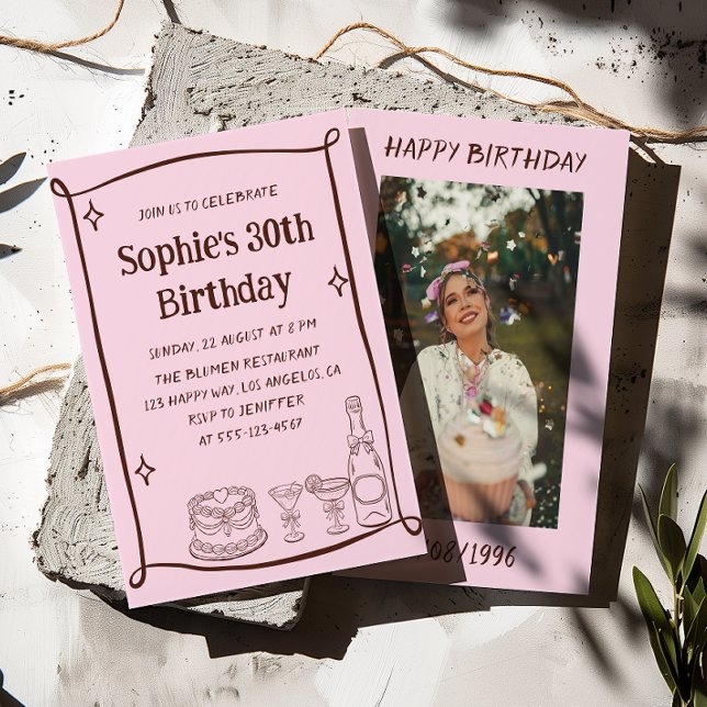 Invitación Hand Drawn Red & Pink 30TH Birthday Photo  (Subido por el creador)