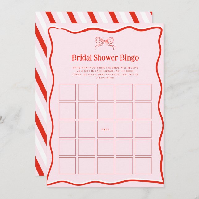 Invitación Hand Drawn Red Pink Bow Bridal Shower Bingo Game (Anverso / Reverso)