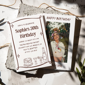 Invitación Hand Drawn Red & White 30TH Birthday Photo