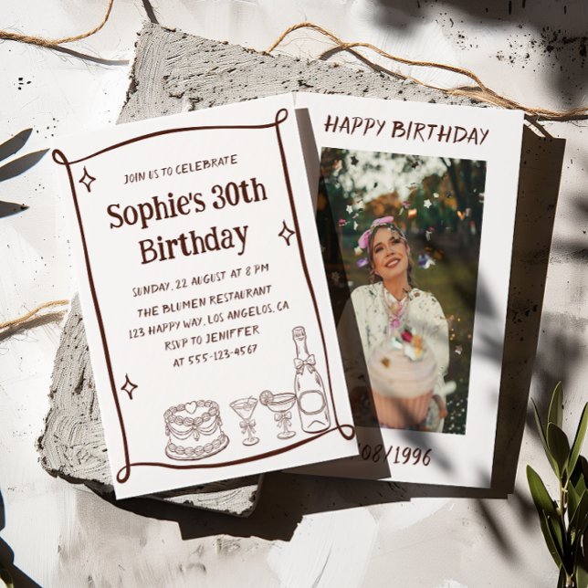 Invitación Hand Drawn Red & White 30TH Birthday Photo  (Subido por el creador)