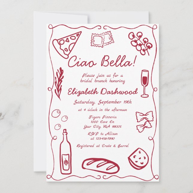 Invitación Hand Drawn Retro Red Italian Casual Bridal Brunch (Anverso)