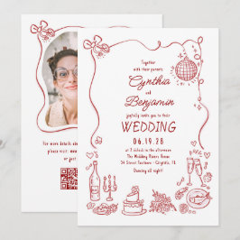 Invitación Hand Drawn Retro Whimsical Burgundy Wedding Photo