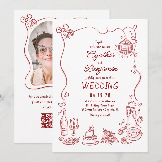 Invitación Hand Drawn Retro Whimsical Burgundy Wedding Photo (Anverso / Reverso)
