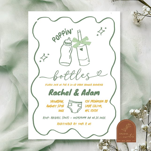 Invitación Hand Drawn Sage Green Poppin Bottles Baby Shower (Subido por el creador)