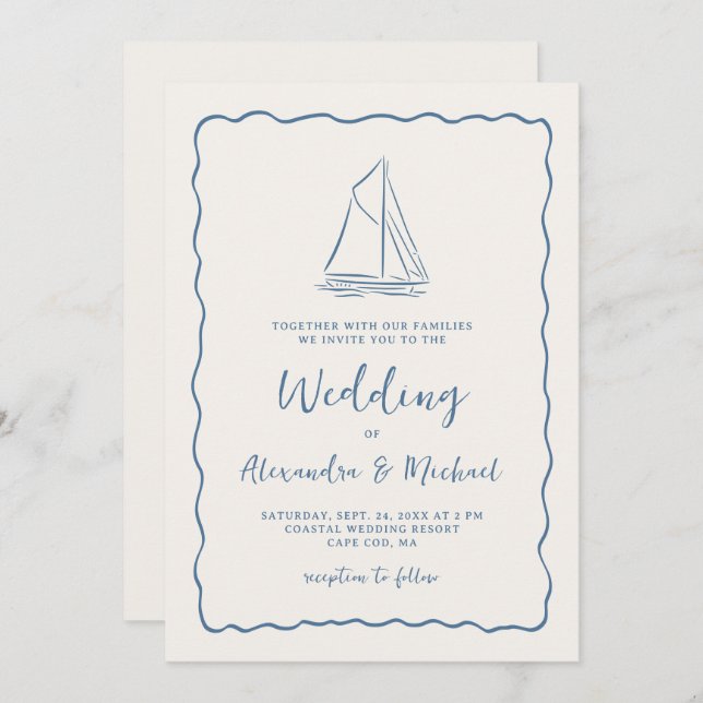 Invitación Hand Drawn Sailboat Blue Ivory Nautical Wedding (Anverso / Reverso)