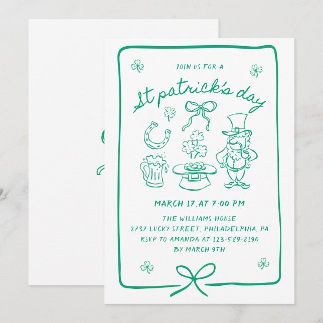 Invitación Hand Drawn Scribble Doodles Bow St Patrick's Day  (Anverso / Reverso)