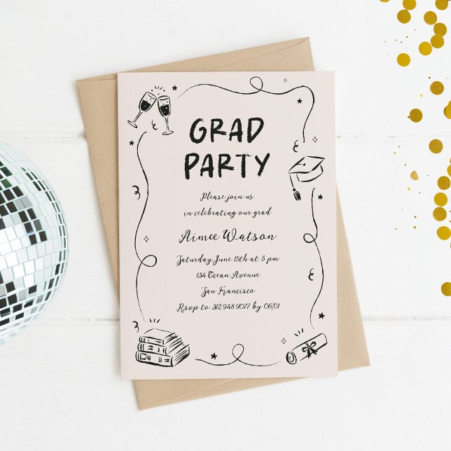 Invitación Hand-Drawn Scribble Doodles Graduation Party  (quirky graduation party invitation with whimsical doodles)